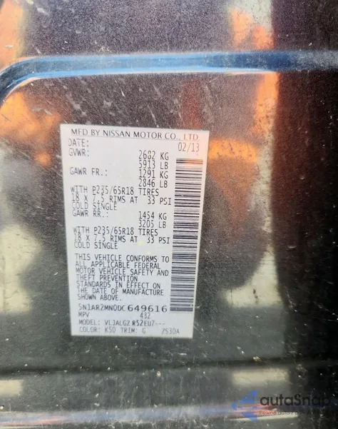 2013 Nissan Pathfinder S z USA, uszkodzony, nr VIN 5N1AR2MN0DC649616